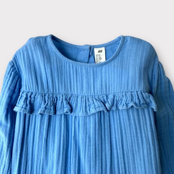 H&M Muslin Textured Dress Ruffled Front, Size 104/ 4T, Blue - Picture 3 of 8